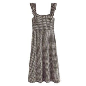 Boden Frill Detail Jersey Midi Dress 8 Petite Brown Houndstooth